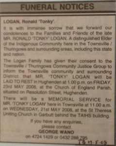 Tonky's Funeral Notice (Townsville Bulletin 17 May 2008)